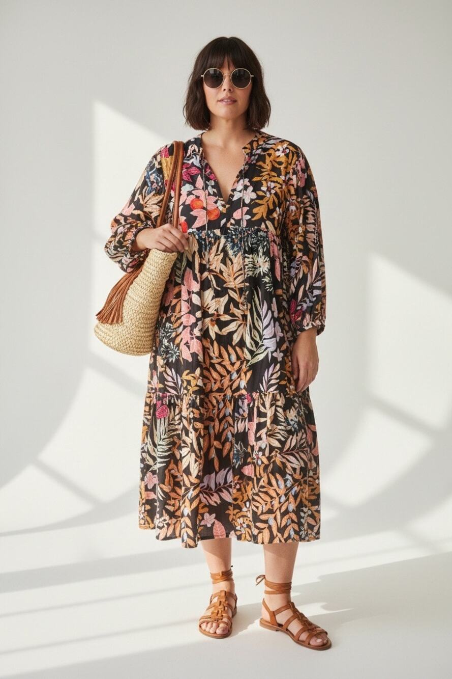 Kathmandu & Diddly Do Boho Cotton Floral Maxi Dress Tunic Puff Sleeve One Size